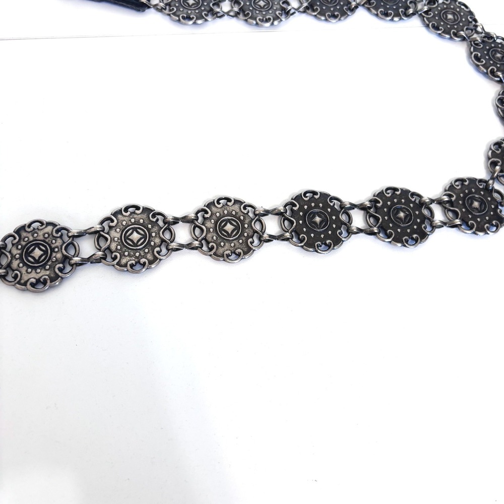 Western Concho Womens Vintage Boho Chain Belt M/L Black Silver Floral Festival - Picture 6 of 9